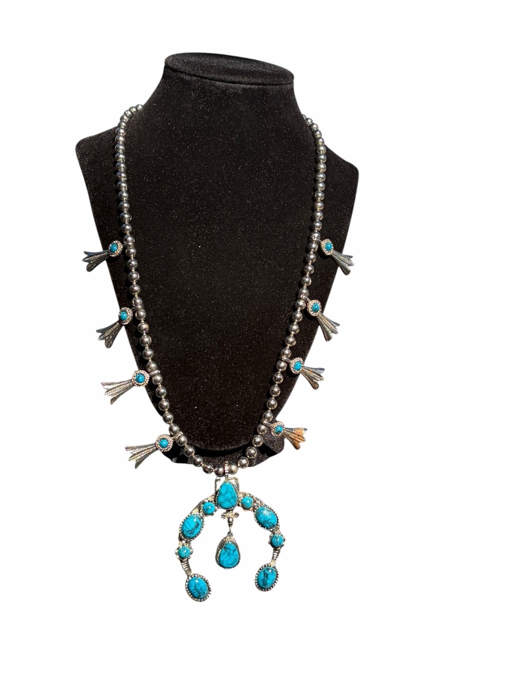 Vintage 1970s Western Boho Faux Turquoise Squash Blossom Necklace Heavy Weight